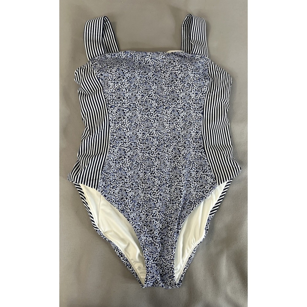 LANDS END Blue White  Striped Floral Swimsuit Size 16 Women's